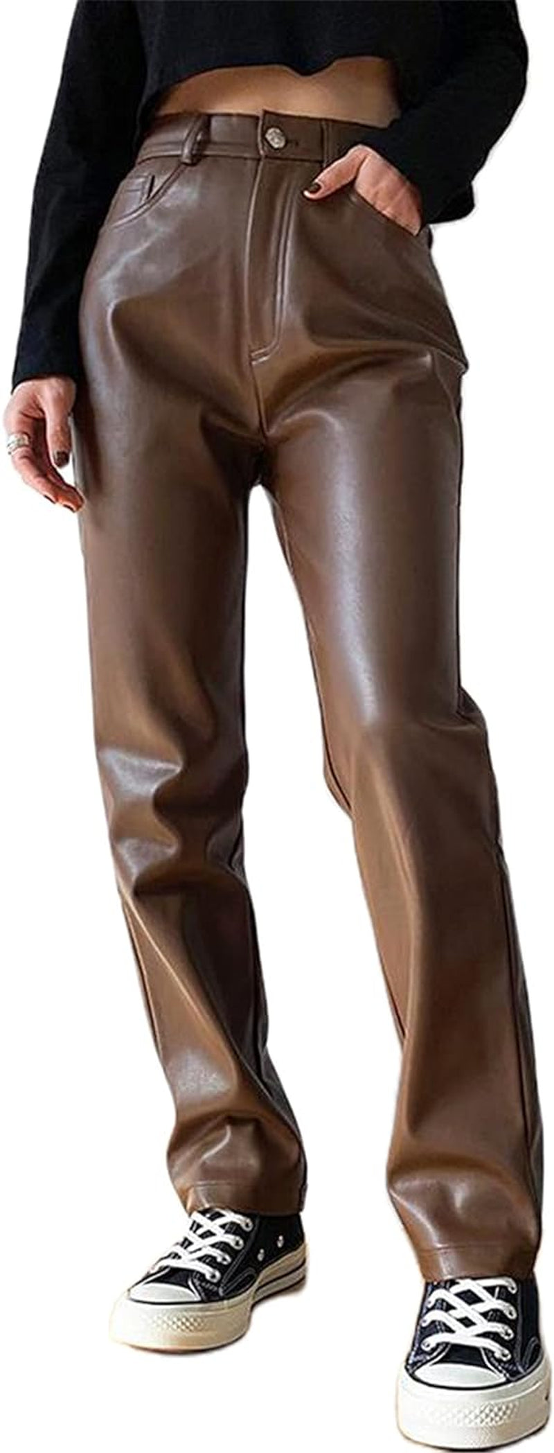 Women Faux Leather Pants High Waist Wide Leg Vintage Pu Trousers Y2K Sexy Baggy Straight Leather Pants Streetwear (Brown B, XL)