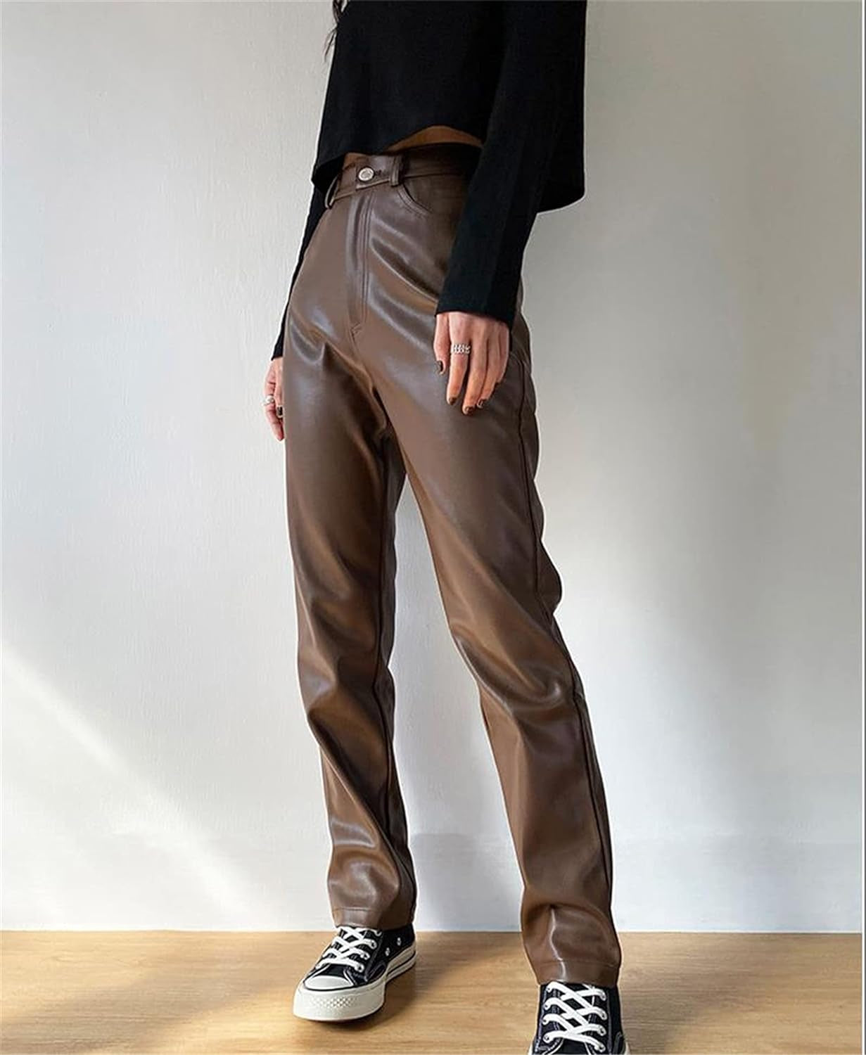Women Faux Leather Pants High Waist Wide Leg Vintage Pu Trousers Y2K Sexy Baggy Straight Leather Pants Streetwear (Brown B, XL)